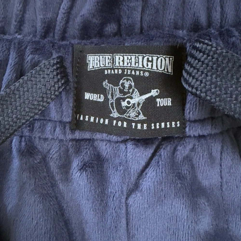True Religion Pants Mens sz M Blue Velour‎ Sweatpants Logo Lounge Pockets NWT
